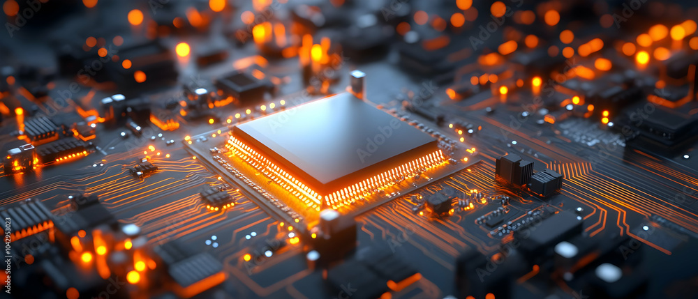 Poster close-up of a circuit board with glowing components, showcasing advanced technology and modern desig