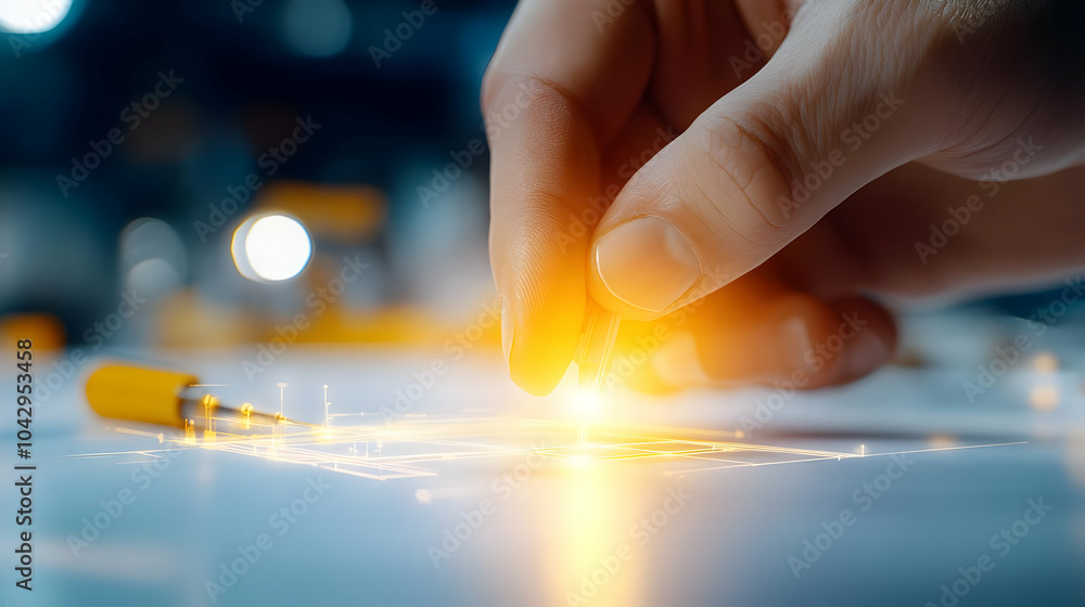 Poster close-up of a hand working with a glowing circuit board, showcasing innovation and precision in tech