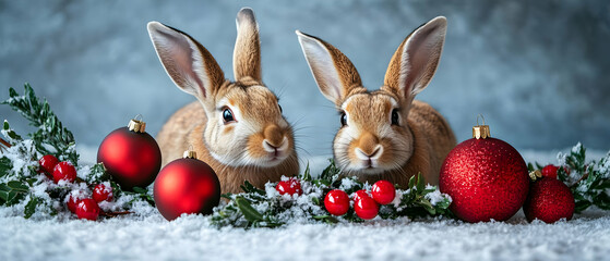 Fototapeta premium Two adorable rabbits surrounded by festive red ornaments and greenery on a snowy background, perfect for holiday themes.