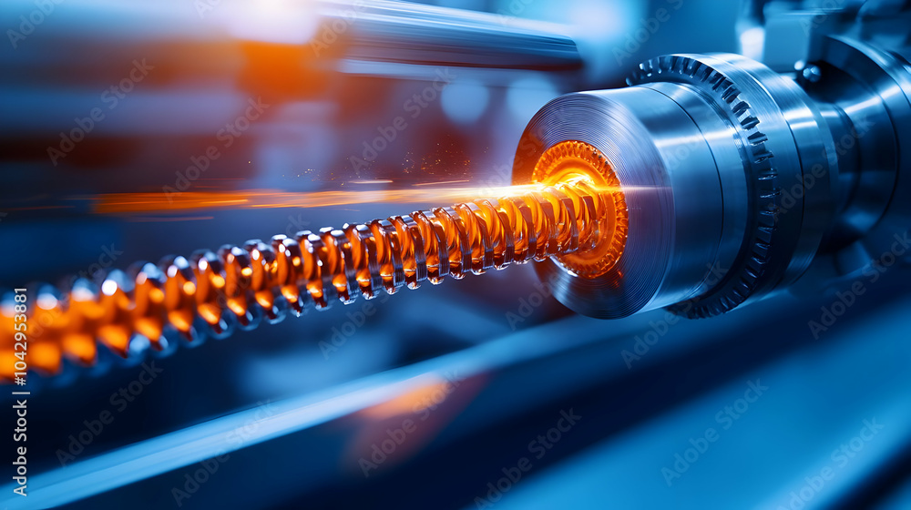 Poster close-up of a metalworking machine part, showcasing intricate details and vibrant colors in a high-t