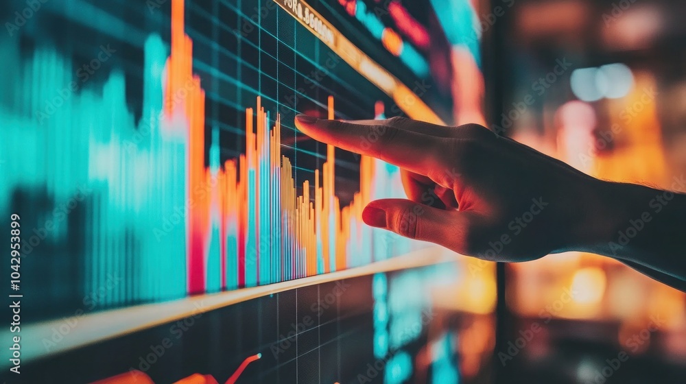 Aufkleber a hand points to a graph on a digital screen displaying financial data and analytics.