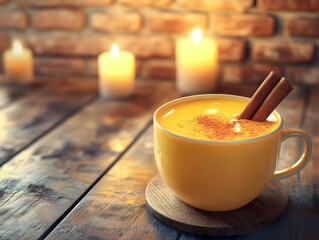 Warm and inviting cup of spiced orange drink with cinnamon on wooden table, surrounded by soft candlelight ambiance.