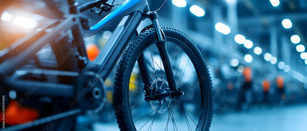 Poster close-up of a modern bicycle in a factory setting, highlighting its design and engineering.