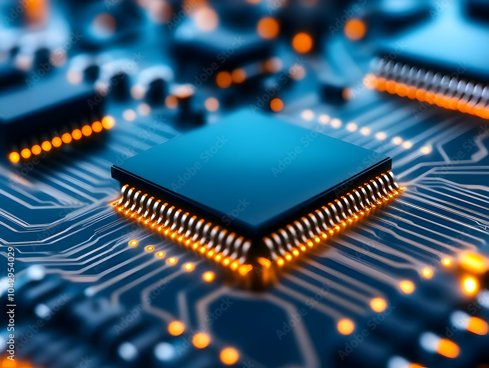 Poster close-up of a microchip on a circuit board with glowing lights, showcasing modern technology and inn