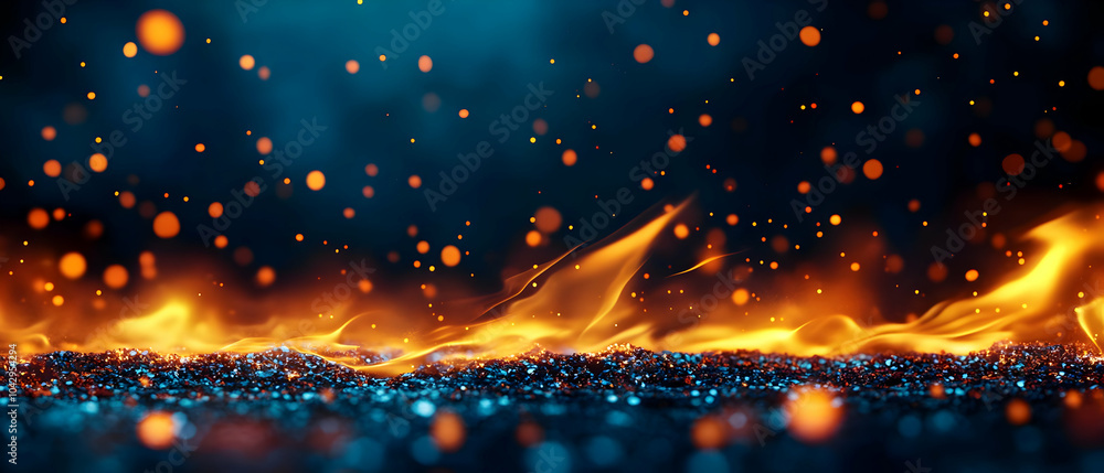Poster dynamic flames with glowing embers and a blue background create a striking visual effect, perfect fo