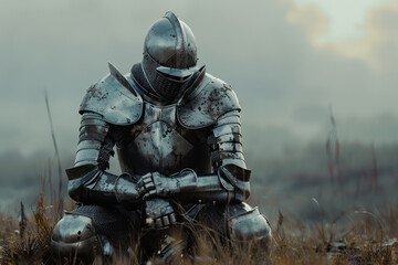 A fantastic royal knight in armor guards the castle chambers