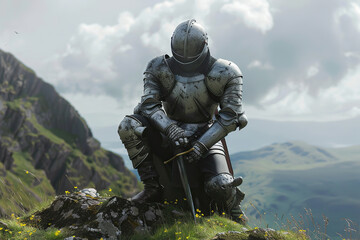 Fototapeta premium A fantastic royal knight in armor guards the castle chambers