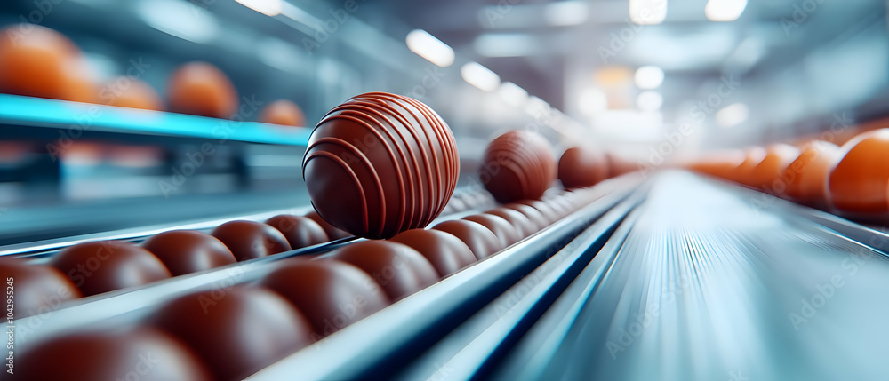 Poster close-up of factory production line showcasing spherical objects in motion on a conveyor belt.