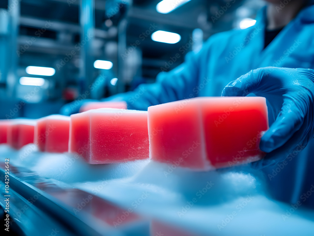 Poster close-up of hand inspecting red soap blocks on a production line in a modern factory setting.