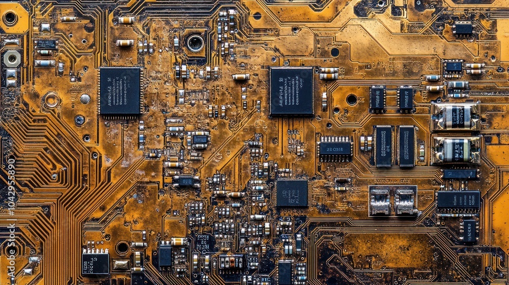 Aufkleber close-up of a circuit board with intricate pathways and components.