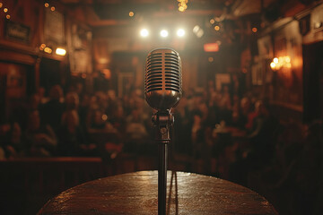 single microphone stands on small wooden stage, illuminated by spotlight, with audience in background eagerly awaiting performance. atmosphere is filled with anticipation and excitement