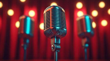 Modern microphones are aligned on brightly lit stage, creating vibrant atmosphere perfect for performances. warm glow of lights enhances excitement of setting
