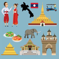 set of Laos illustrations.  map and flag of Laos, sights and architecture, national clothes of Laos