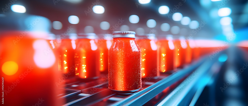 Poster close-up of red jars on an assembly line, showcasing efficient production in a modern factory enviro