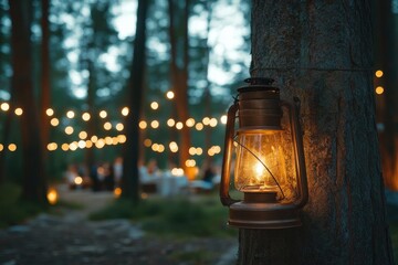 Fototapeta premium Lantern hanging on a tree in the woods. Perfect for ambiance and adding a touch of rustic charm to your design.