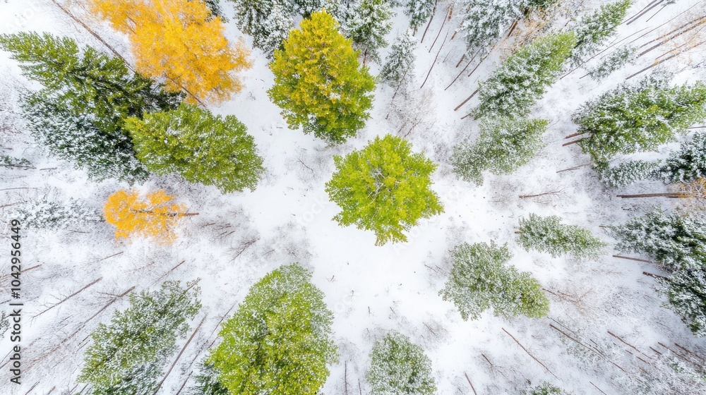 Poster aerial view of a snowy forest with evergreen trees and a few golden yellow trees in the center.