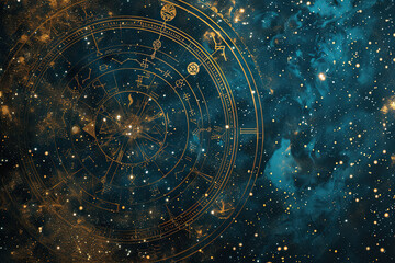 Astrological composition with zodiac circle in signs and symbols