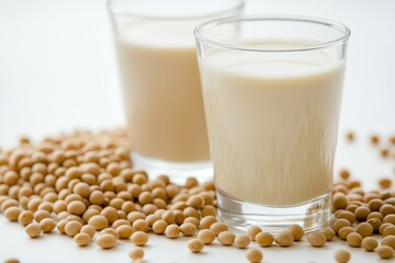 Soy Milk. Healthy White Soy Milk in Glasses with Soybeans on Natural Background