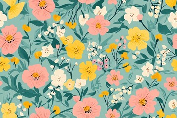 Obraz premium Seamless spring floral pattern with delicate blossoms and fresh greenery, ideal for seasonal designs, fabric prints, and nature-inspired backgrounds