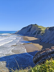 The view of the beach in Zumaia village, Flysch Zumaia Geopark, Basque Country, Spain