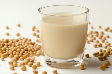 Soy Milk. Soybeans and Milk in White Glasses on Natural Background