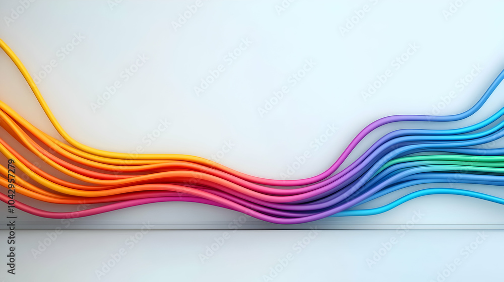 Poster colorful abstract lines creating a vibrant wave pattern on a clean white background.