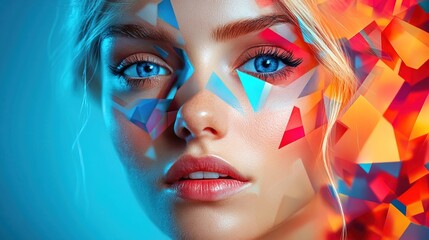Obraz premium Fragmented blonde woman face composed of colorful geometric shapes