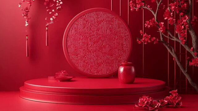 Red background with a Chinese-inspired design. Chinese New Year card design for product display presentation. 3d podium stage in the Chinese style background. Wonderful red podium. Copy space. Mockup,