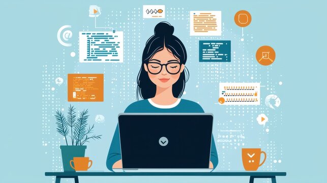 Young Woman Learning Python on Laptop in Cozy Environment