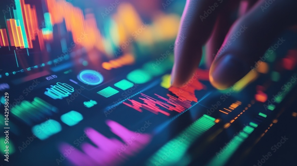 Aufkleber a hand interacts with a glowing digital interface filled with colorful data and charts.