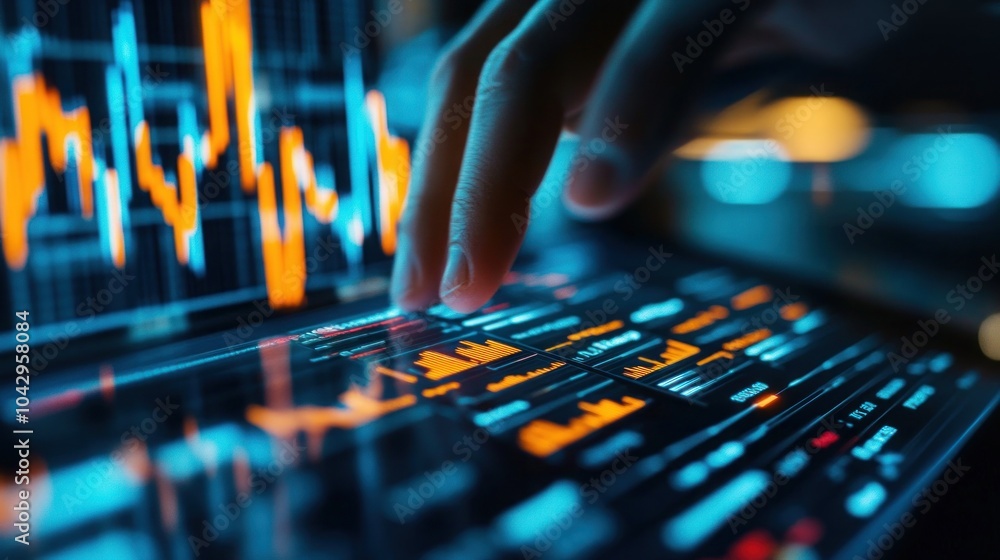 Poster close-up of a finger interacting with a tablet displaying stock market data.