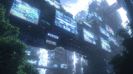 Obraz premium Digital Cityscape: Futuristic Megastructure with Shifting Screens in Diverse Urban Environment