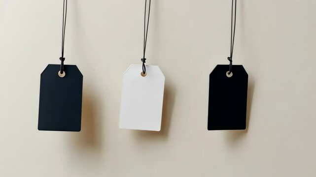 Three blank gift tags hang on strings against a white wall