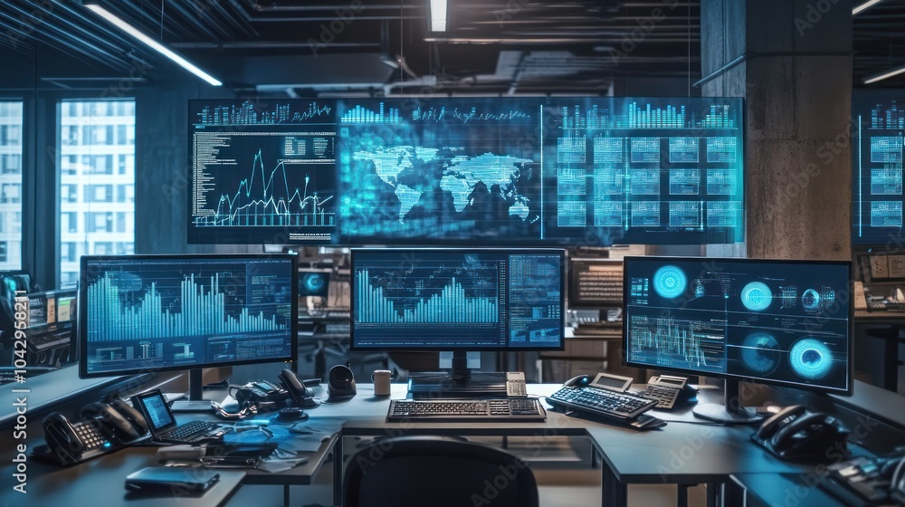 Aufkleber a modern office space with multiple computer monitors displaying data and graphs, representing a bus