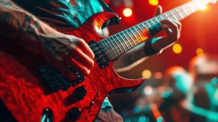 Obraz premium Close-up of a guitarist's hands playing a red electric guitar on stage.