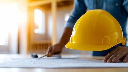 Construction worker analyzing plans with a yellow safety helmet on a work desk.