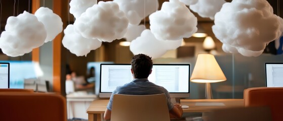 A person sits at a desk with multiple monitors, surrounded by whimsical cloud decorations, creating a creative and relaxed work environment.