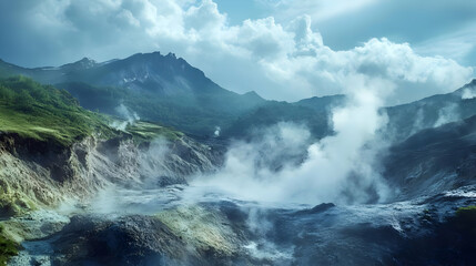 Obraz premium Majestic mountain landscape shrouded in mist, showcasing the beauty of nature's elements at play.