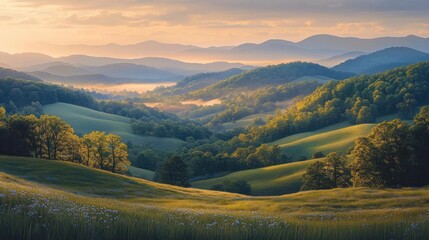 Obraz premium Serene landscape with rolling hills and distant mountains at sunset.