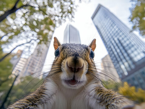 A squirrel posing playfully in an urban environment with skyscrapers in the background, showcasing nature amidst city life.