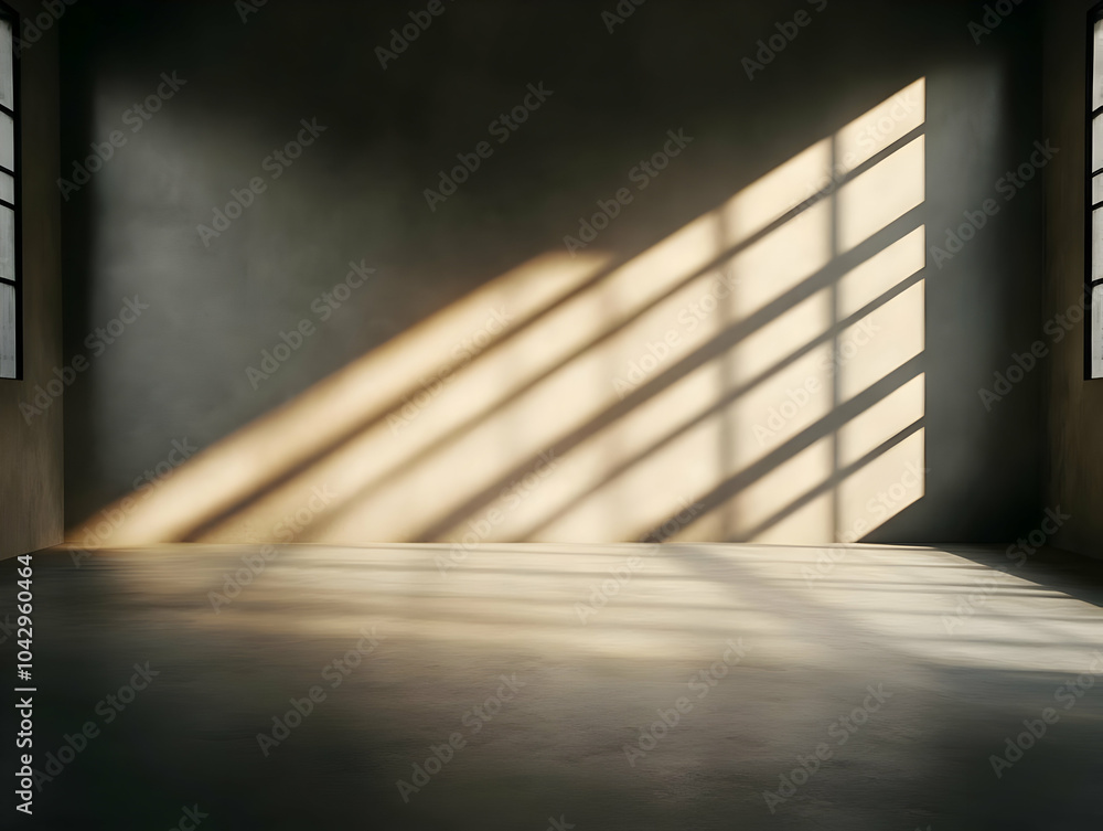 Poster empty room with soft natural light falling through windows, creating interesting shadows on the floo