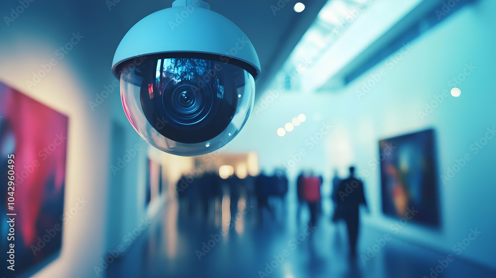 Poster surveillance camera monitoring an art gallery, capturing security in a modern environment.