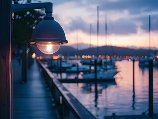 A serene waterfront scene at dusk, featuring a glowing lamppost and moored boats, creating a tranquil atmosphere.