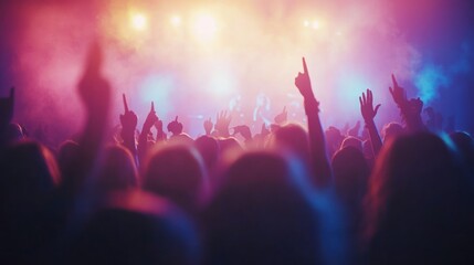 A crowd of silhouettes with raised hands at a concert, bathed in colorful stage lights.