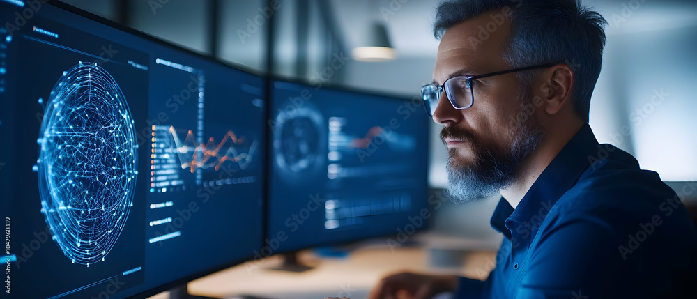 Poster focused professional analyzing data on multiple screens in a modern office setting.