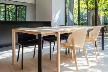 Fototapeta premium modern Dutch dining space featuring blonde wood table and designer chairs