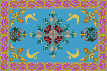 Seamless geometric embroidery pattern with damask floral motifs. Illustration on blue background, vector, carpet.