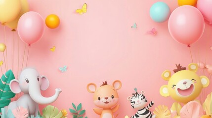 Naklejka premium Cute cartoon animals with balloons in a colorful playful setting for kids