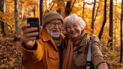 Fototapeta premium Senior couple takes selfie in autumn. Perfect for advertising, social media, or promoting autumn activities.