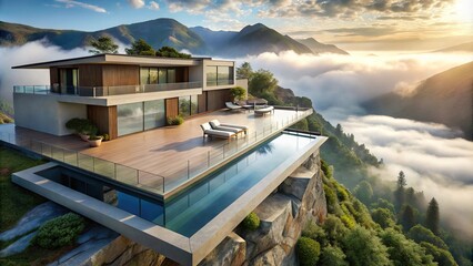 Fototapeta premium Luxurious modern cliffside villa with infinity pool overlooking foggy mountain valley